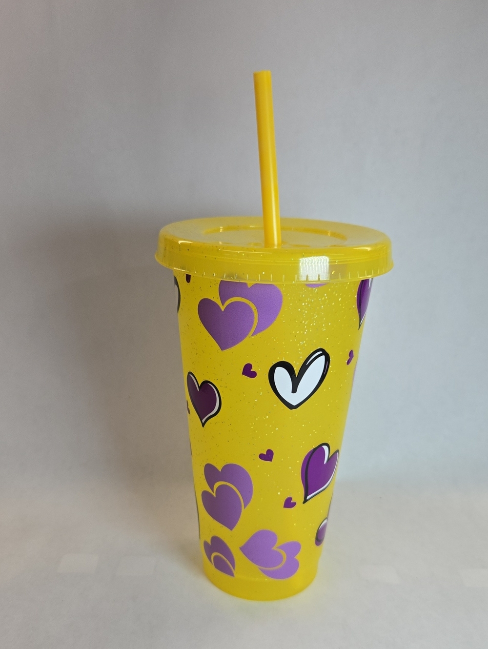 Yellow Heart-Print Reusable Tumbler with Straw